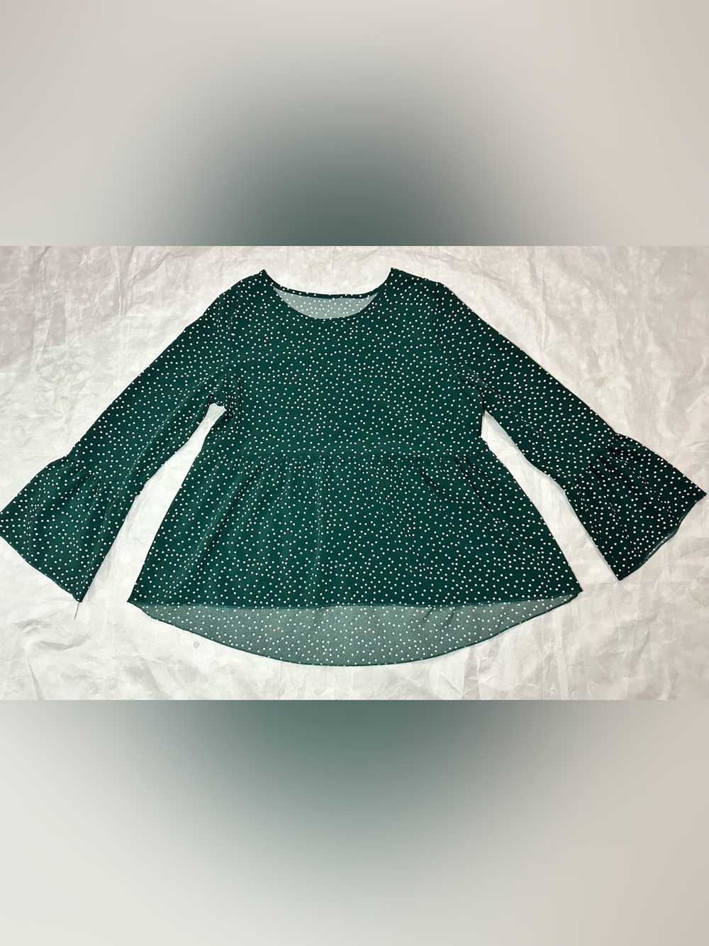 Women’s Dark Green Polka Dot Peplum Tunic with Bell Sleeves